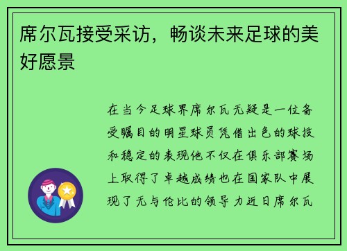 席尔瓦接受采访，畅谈未来足球的美好愿景
