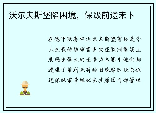 沃尔夫斯堡陷困境，保级前途未卜