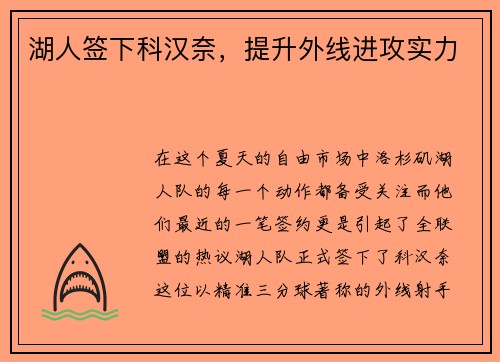 湖人签下科汉奈，提升外线进攻实力