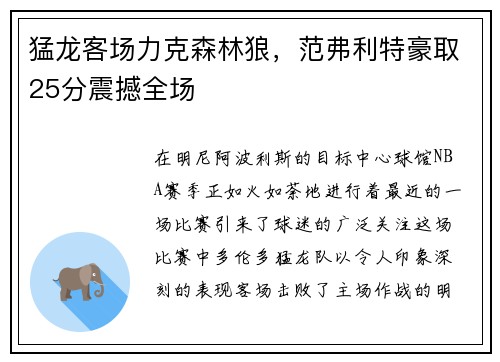 猛龙客场力克森林狼，范弗利特豪取25分震撼全场